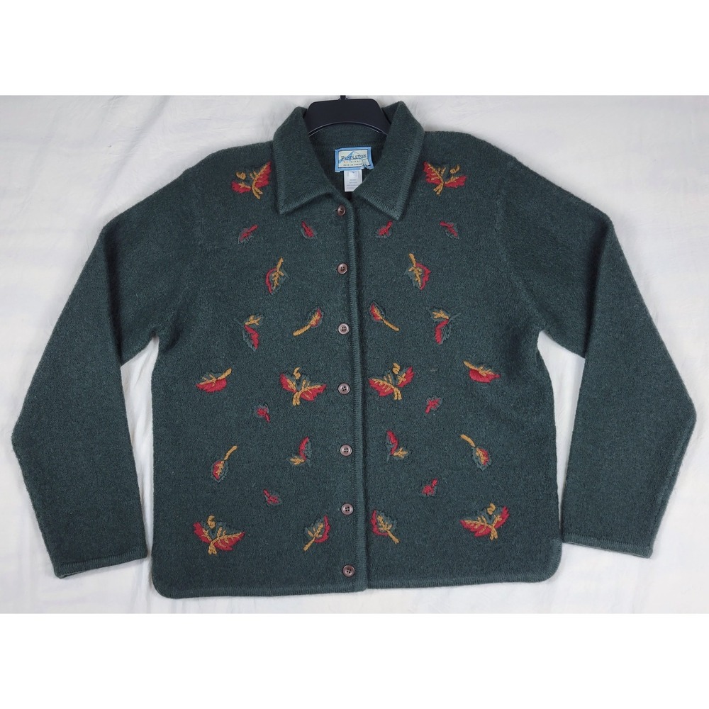 Pendleton Wool Cardigan Sweater Womens Large Green Embroidered Leaf RB021-60038